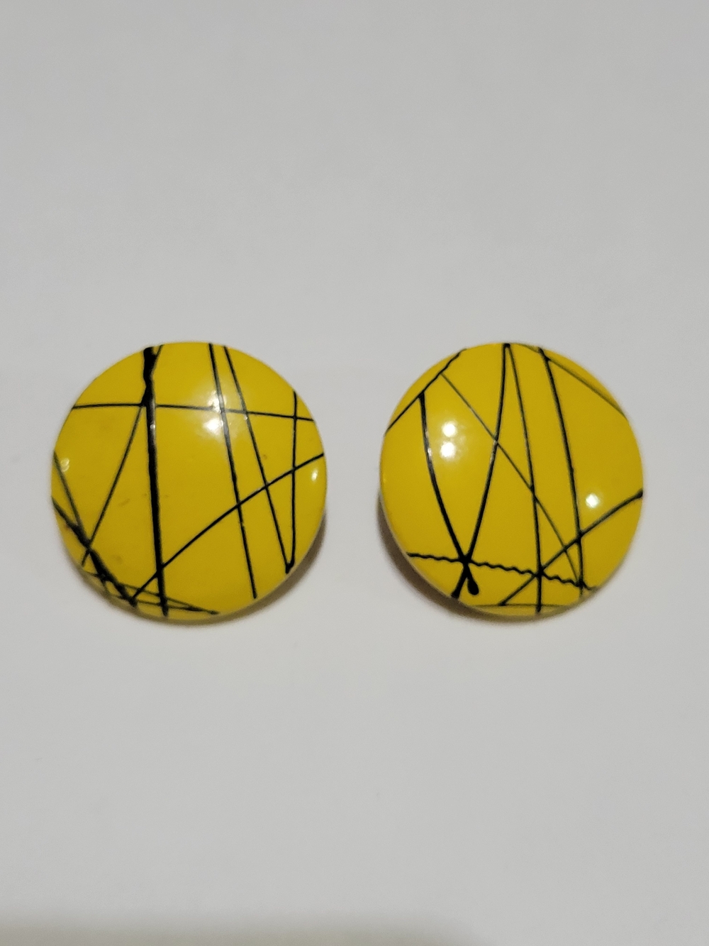 Yellow Round Stud Earrings with Black Abstract Lines